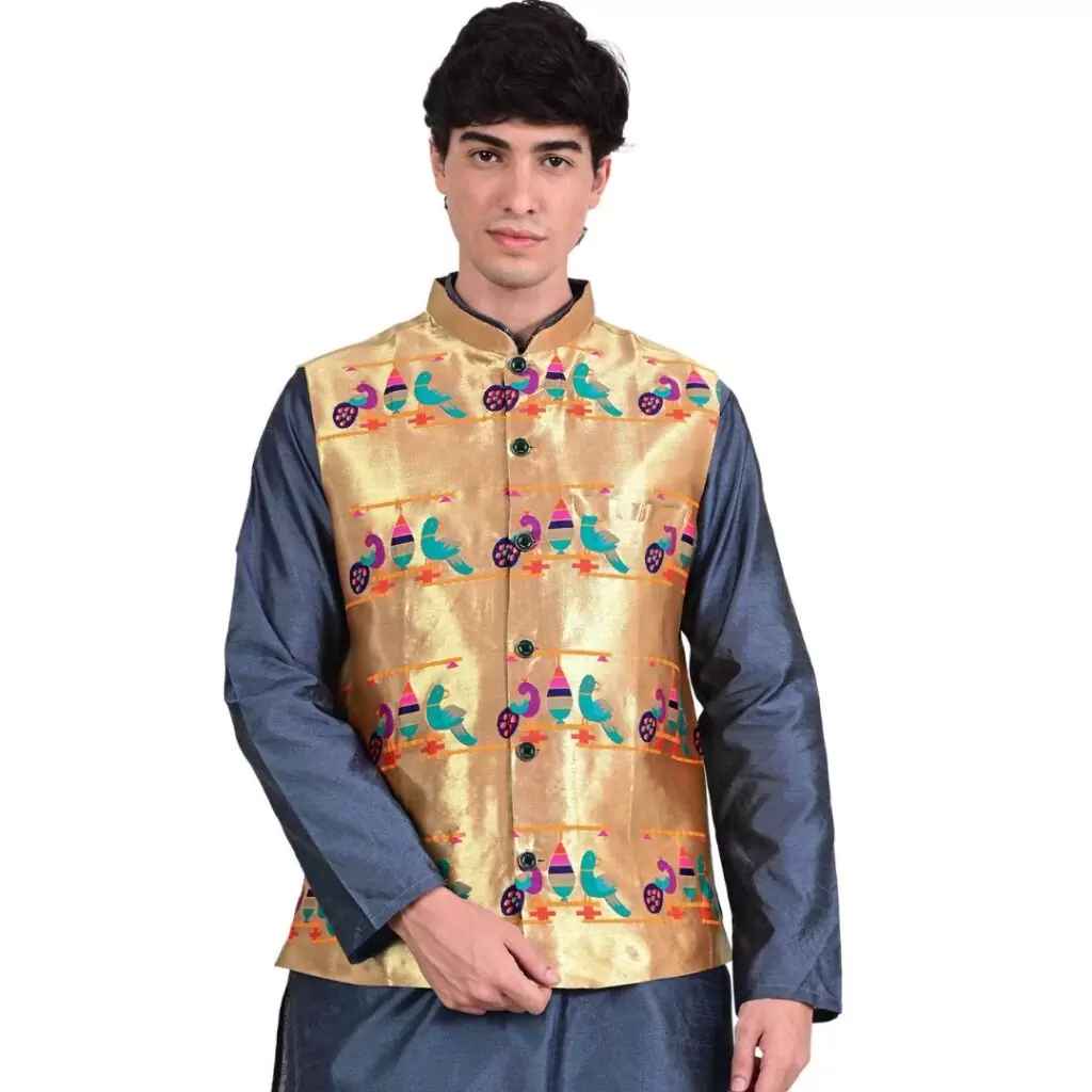 Kanira Paithani jacket for Mens Parrot Peacock
