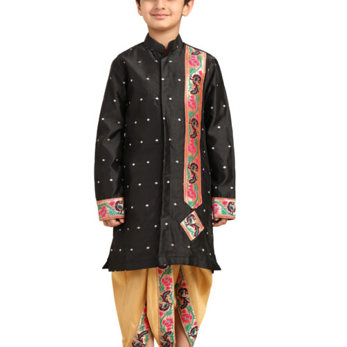 Kanira Jr Paithani dhoti kurta black butti for boys Evan-Motif pattern