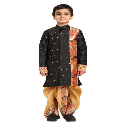 Kanira Jr Paithani dhoti kurta black butti for boys Evan pattern