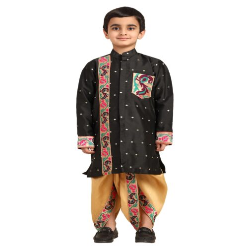Kanira Jr Paithani dhoti kurta black butti for boys Hero pattern