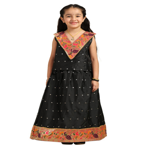 Paithani Baby Girl Lehenga Set – Black Silk with Brocade Peplum Top & Zari Peacock Border - V neck Pattern
