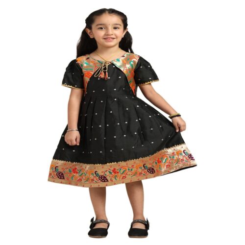 Paithani Baby Girl Frock – Black Silk with Multicolor Zari Border & Brocade Yoke - Indu Pattern